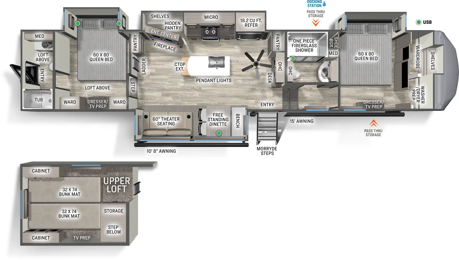 The Sierra Fifth Wheels 4002FB floorplan has two entries and four slide outs. Exterior features include: fiberglass exterior and 10'8" & 15' awning. Interiors features include: loft, kitchen island, free-standing dinette option, front bedroom, two bedrooms, rear bathroom and two full bathrooms.